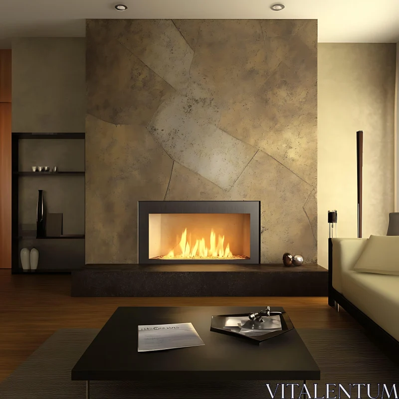 Contemporary Fireplace Interior with Warm Lighting AI Image