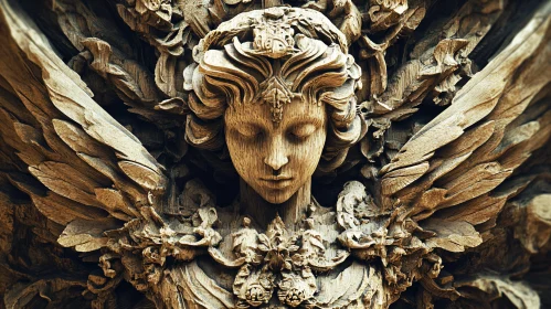 Detailed Wood Carving of Angel Figure