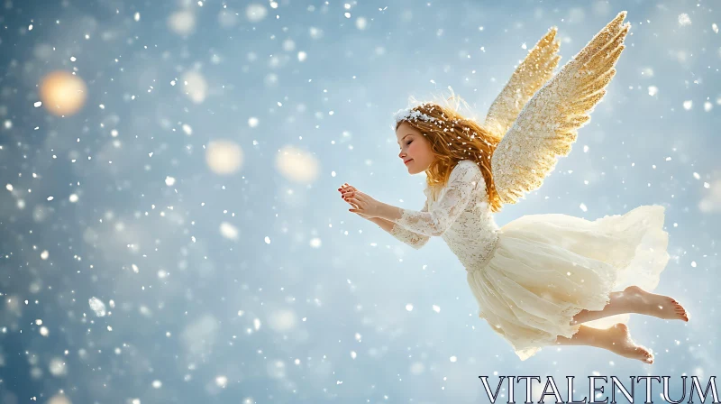 Winter Angel with Golden Wings AI Image