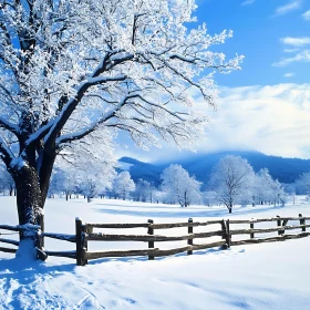 Snowy Trees and Fence in Winter