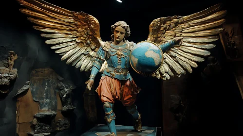 Winged Angel Holding Globe Statue