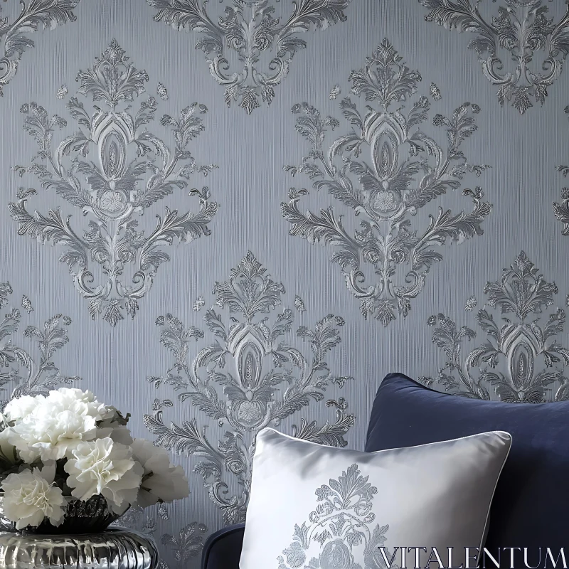 Silver and Blue Damask Elegance AI Image