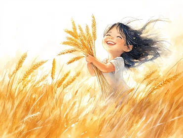 Watercolor Painting of Girl with Wheat