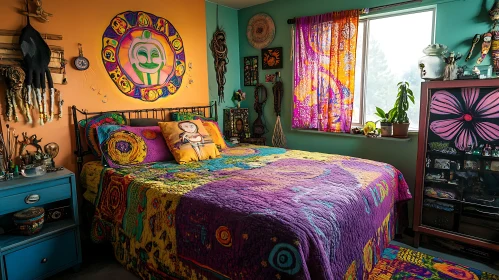 Vibrant Bohemian Style Bedroom with Quilt