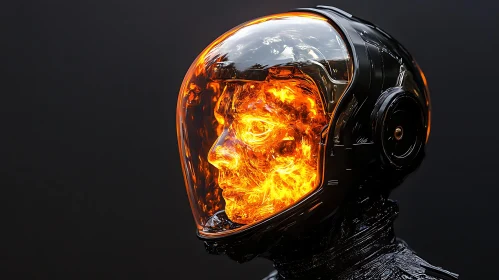 Cyborg in Black Helmet with Flames Inside Visor