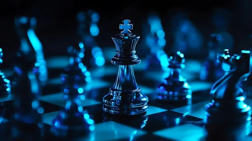 Blue-Glowing Chess King Amidst Other Chess Pieces