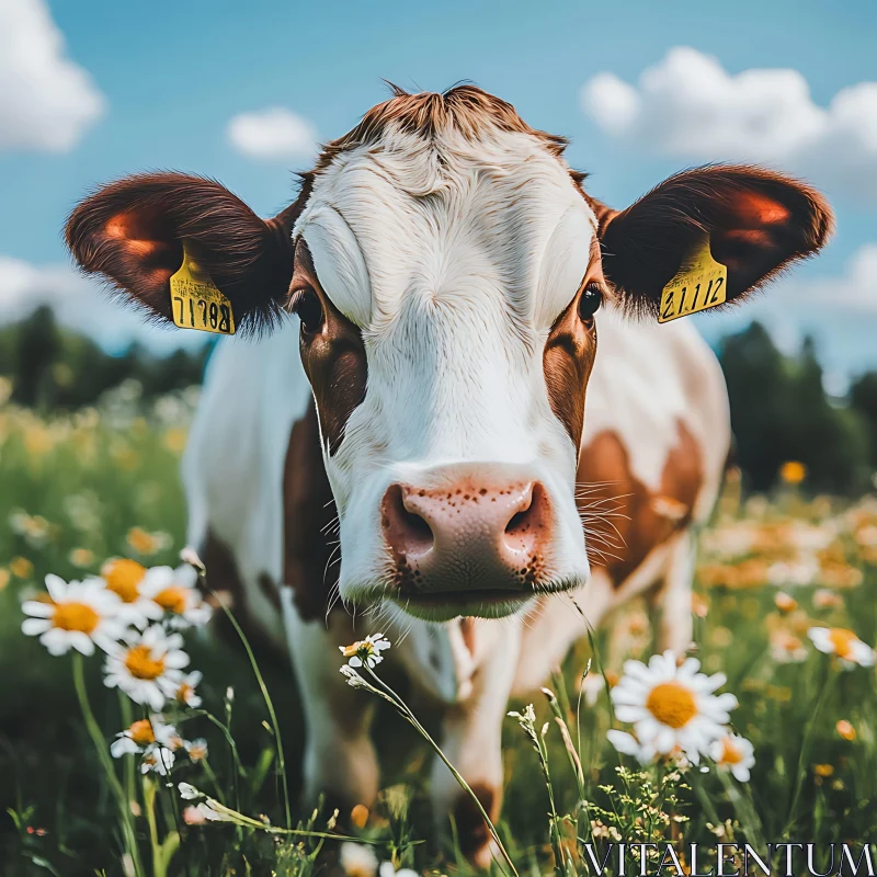 Dairy Cow in Field of Flowers AI Image