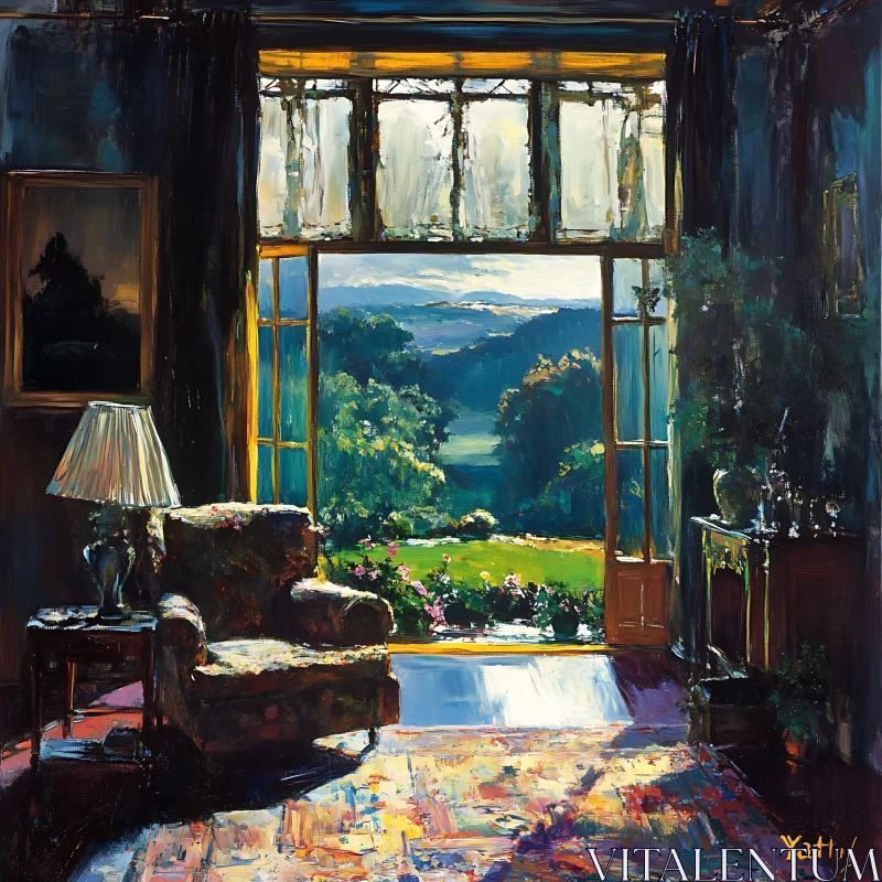 Sunlit Room Overlooking a Vibrant Garden AI Image