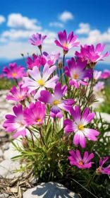 Captivating Blooming Flowers on Grass with Rock Background