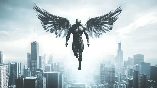 Winged Figure Over Urban Landscape