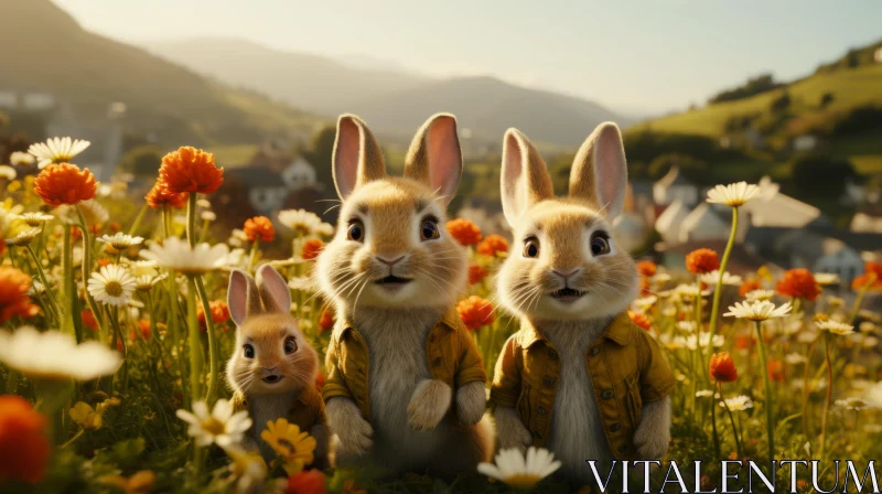 Charming Cinematic Rabbits Nestled in Flower Field AI Image