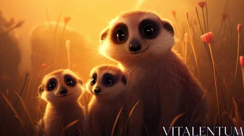 Charming Meerkats in a Sunlit Field - Artistic Display AI Image