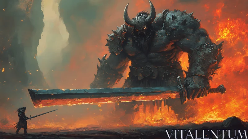 AI ART Fiery Showdown: Warrior Faces Colossal Monster