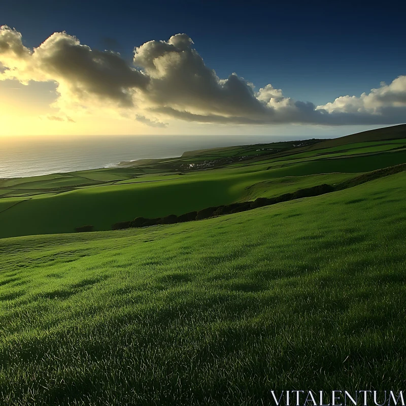 Coastal Green Fields at Sunset AI Image