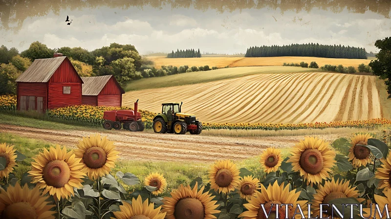 AI ART Farm Scene with Red Barn and Sunflowers