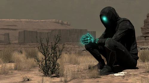 Hooded Figure with Glowing Hands in Desert