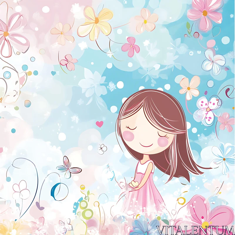 Whimsical Girl with Flowers Art AI Image