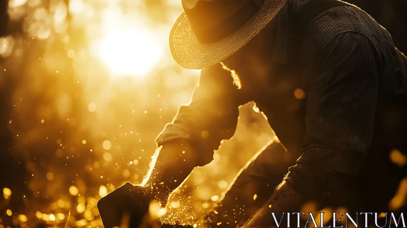 Man Working in Field at Sunset AI Image