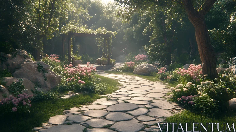 Sunlit Stone Path in a Peaceful Garden AI Image