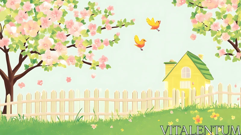 AI ART Idyllic Springtime Home with Flying Birds