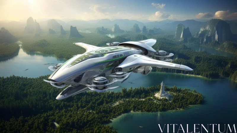 Emerald & Silver Spaceship Above Forest: Fusion of Future & Nature AI Image
