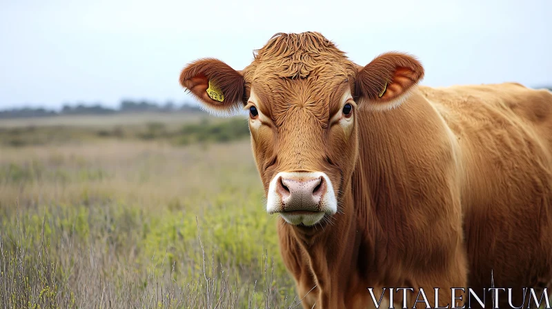 Gentle Brown Cow in a Meadow AI Image