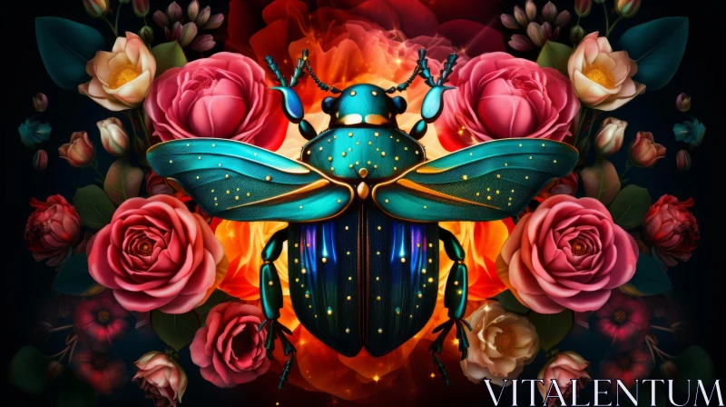Fiery Beetle Amidst Roses - A Surreal Art Piece AI Image