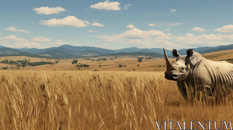 Graceful Rhino and Giraffe in Expansive Grassland AI Image