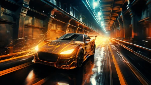 Orange Sports Car in Motion - Industrial Futurism Style