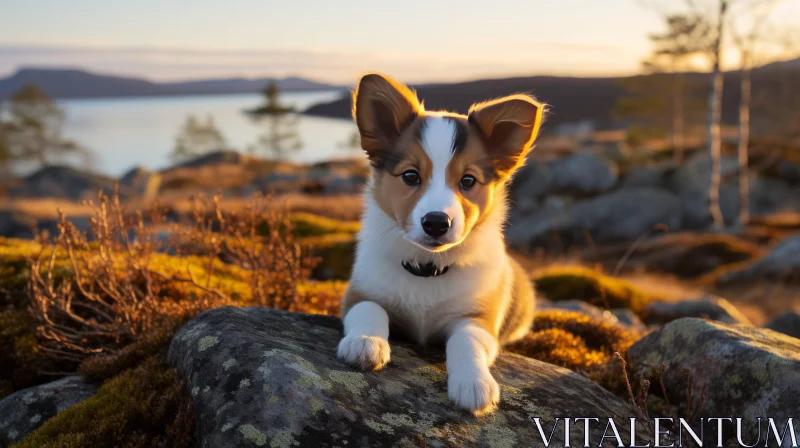 Small Puppy in Norwegian Nature at Sunset AI Image