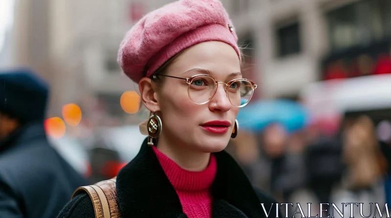 Stylish Woman in Pink Beret and Black Coat | City Street Fashion AI Image