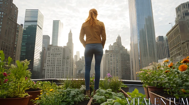 Urban Oasis: Woman in Rooftop Garden AI Image