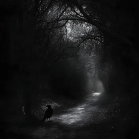 Monochrome Raven on Foggy Path