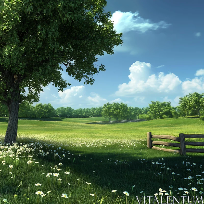 AI ART Peaceful Green Field with Tree and Fence