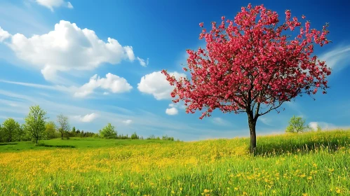 Spring Meadow with Blossoming Tree