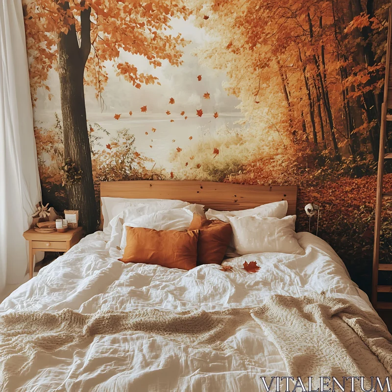 AI ART Autumnal Bedroom with Forest Mural