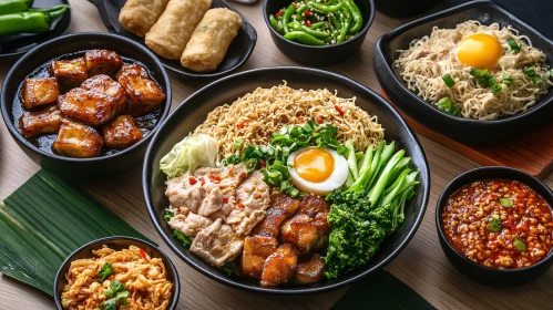 Delicious Asian Cuisine Featuring Noodles and Side Dishes