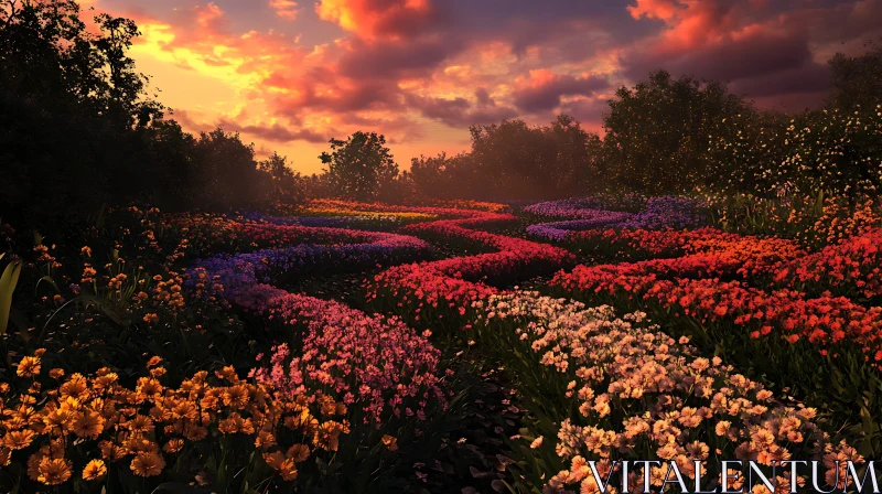 AI ART Sunset Over a Multicolored Flower Meadow