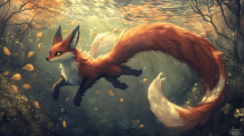 Underwater Fox in Autumn Forest