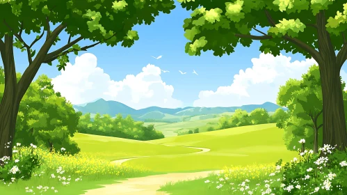 Cartoon Landscape with Meadow and Trees