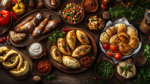 Assorted Pastries and Savory Foods on Rustic Table