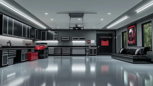 Contemporary Garage with Vehicle and Sofa