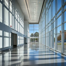 Bright Hallway Interior with Glass Wall