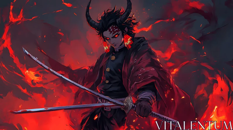 AI ART Red Anime Character with Horns and Swords