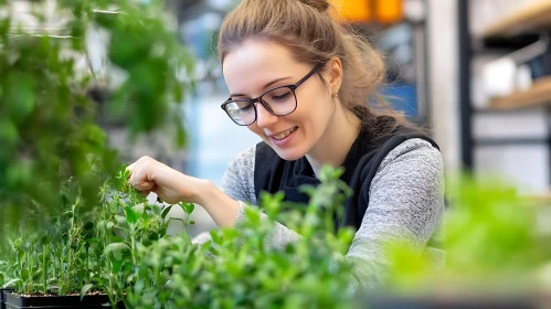 Young Woman Cultivating Green Plants