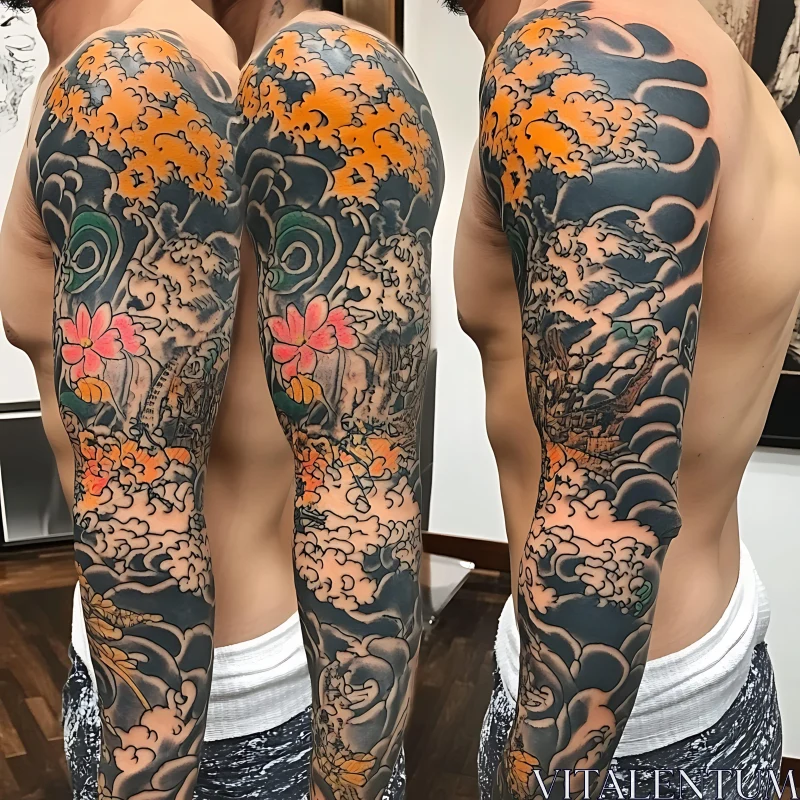 Traditional Full Sleeve Tattoo with Nature Elements AI Image