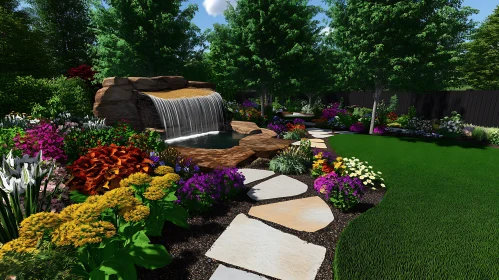 Picturesque Waterfall and Flower Garden Scene