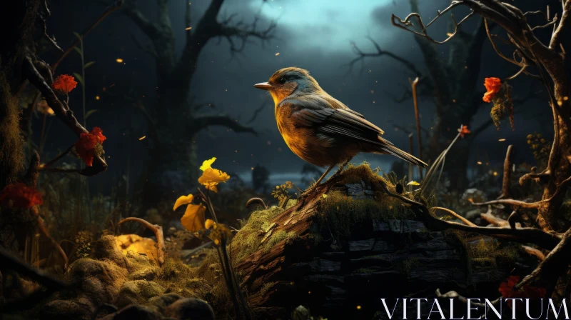 Bird in Enigmatic Dark Forest - Photorealistic 2D Game Art AI Image