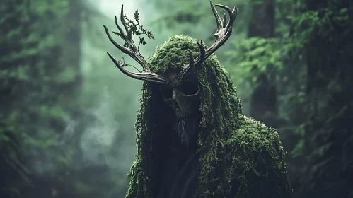 Moss Covered Skull in Misty Woods