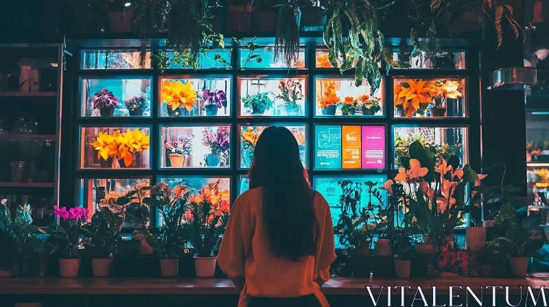 Woman Admiring Illuminated Flower Boxes AI Image